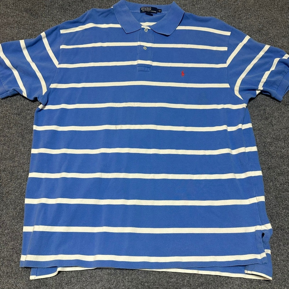 Polo Ralph Lauren Mens 2XL Big Blue White Striped Short Sleeve Pique Polo Shirt